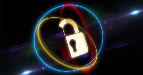 Padlock cyber security golden symbol in neon circle Stock Footage 336794247