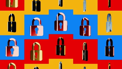 Padlock cyber security multiple 3d golden symbols Stock Footage 336794238
