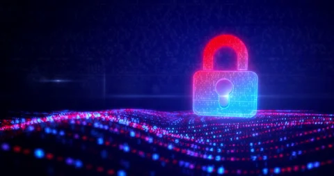 Padlock cyber security symbol on flowing digital waves Stock Footage 336661294