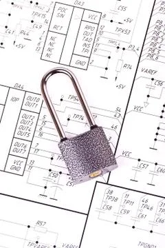 Padlock on the  drawing electrical circuit Stock Photos