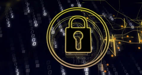 Padlock emerging in void starting rings glowing binary digits falling circuits Vídeos de archivo 311455006