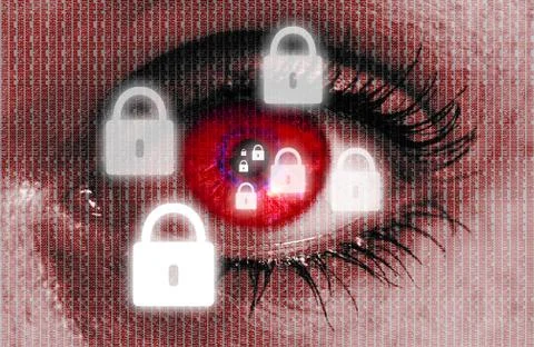Padlock eye looks at viewer concept Stock Photos