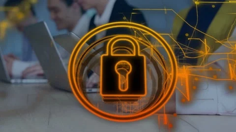 Padlock fading in, team typing around table, animated lock forming and signaling Stock Footage 334884230