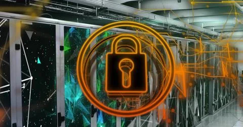 Padlock graphic appearing over server aisle on threat alert, signaling security Stockfoto's