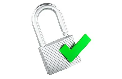 Padlock with green check mark, security payment concept. 3D rendering Stock Illustration