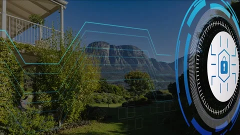 Padlock HUD emerging from right, rotating, sending paths forming security layer Stock Footage 334351681