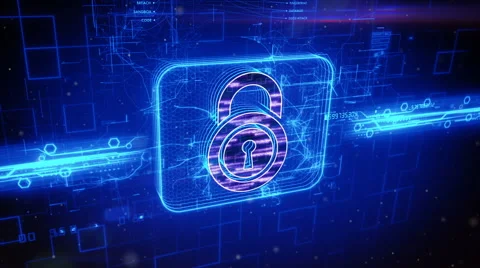 Padlock icon on abstract blue background Stock Footage