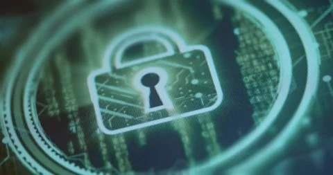 Padlock icon on background of falling digital code Stock Footage 321764844