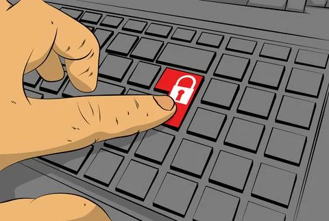 Padlock icon on computer keyboard. Man push keypad on keyboard. Comic book st Stockillustratie