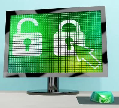 Padlock icon on computer screen showing safety security and protected Illustrazione stock