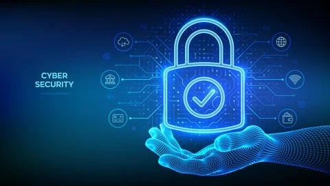 Padlock icon. Cybersecurity. Padlock with Check mark icon in wireframe hand.  Stock Illustration