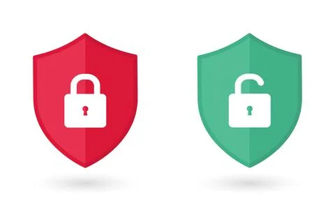 Padlock icon flat, locked and unlocked, flat design vector illustration. Shield Stock Illustration