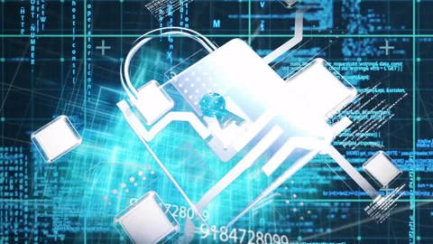 Padlock icon floating over glowing grid, with code snippets and network lines Stock Footage 309143865