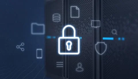 Padlock icon front of the server, surrounded with online services icons. Conc Stock Photos