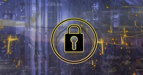 Padlock icon, glowing network and data processing over computer servers 库存插图