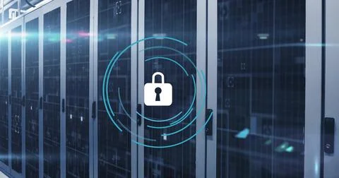 Padlock icon hovering over server racks in data center with visible cabling, Stock Photos