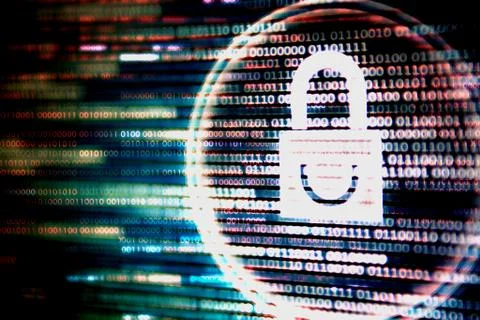 Padlock icon on LED computer display screen with binary code moving in the ba Stock Illustration