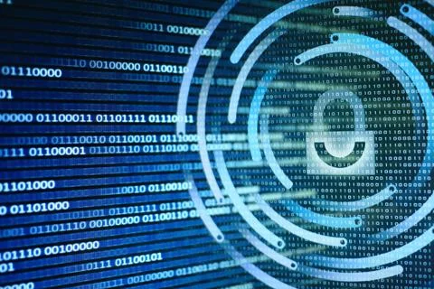 Padlock icon on LED computer display screen with binary code moving in the ba Stock Photos