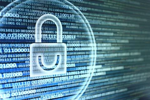 Padlock icon on LED computer display screen with binary code moving in the ba Stock Photos