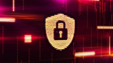 Padlock icon protecting sensitive data on a computer screen with digital code Stock Footage 313856482