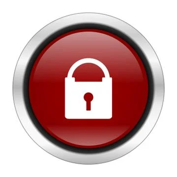 Padlock icon, red round button isolated on white background, web design illus Stock Illustration