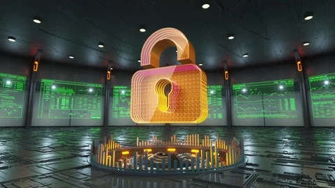Padlock icon surrounded by data screens appears in the middle of hi-tech room Stock Footage 86874392