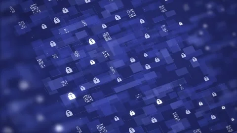 Padlock icons and data blocks in a diagonal pattern on a blue background Vídeo Stock 344720429