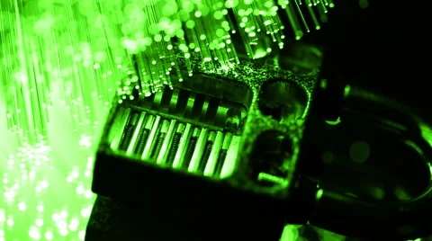 Padlock inside, and fiber optical technology Stock Footage 65823903