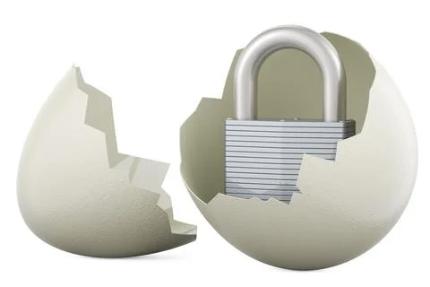 Padlock inside broken chicken egg, 3D rendering Stock Illustration