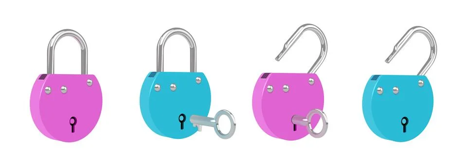 Padlock key. 3d unlock technology render. House internet or computer security Stock Illustration