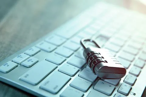 Padlock on keyboard with computer keys, internet security concept 写真素材