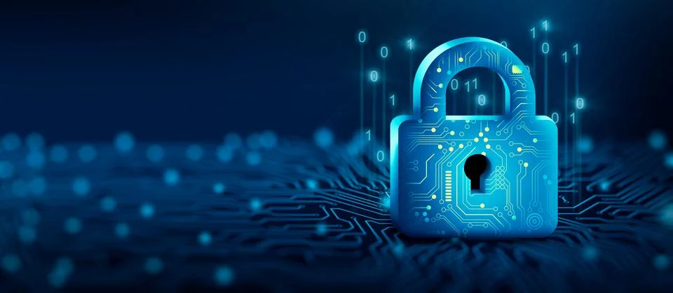 Padlock with Keyhole in data security on circuit. Modern safety digital Conce Stock Illustration