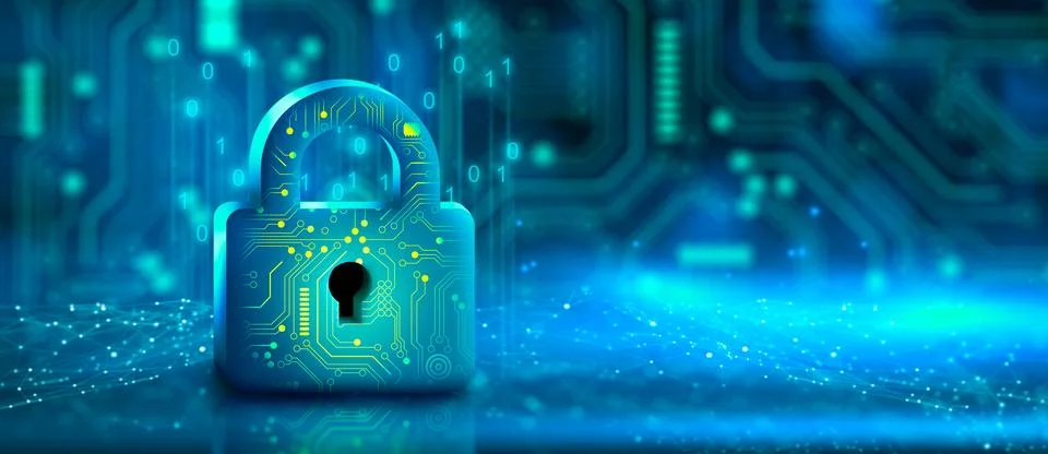 Padlock with Keyhole in data security on circuit. Modern safety digital Conce 스톡 일러스트