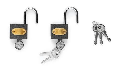 Padlock with Keys Inserted Isolated on White Background Stock Photos