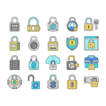 Padlock lock safe password key icons set vector Illustrazione stock