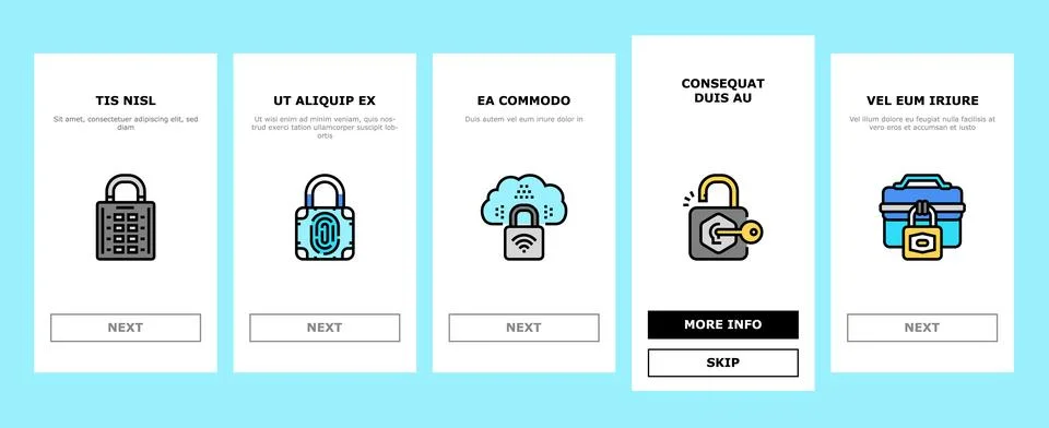 Padlock lock safe password key onboarding icons set vector 스톡 일러스트
