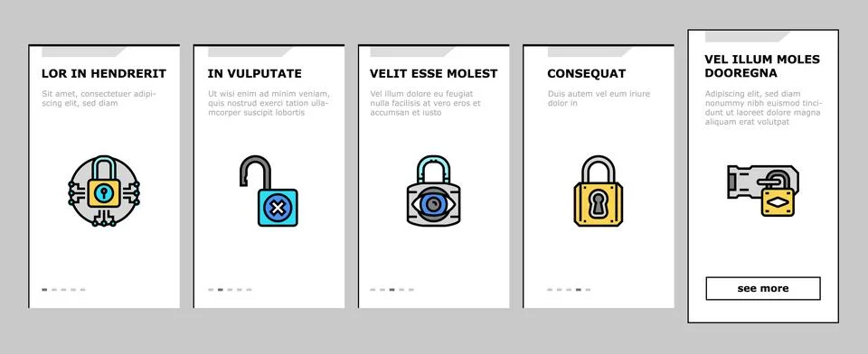 Padlock lock safe password key onboarding icons set vector 스톡 일러스트