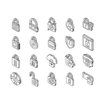 Padlock lock safe password key isometric icons set vector Illustrazione stock