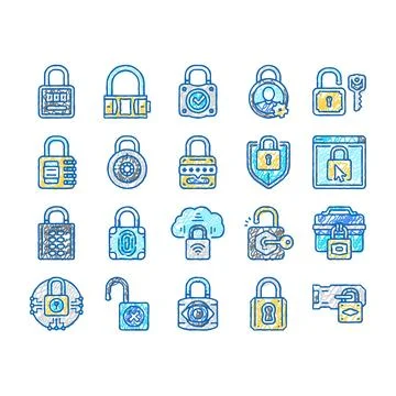 Padlock lock safe password key icons hand drawn Stock Illustration