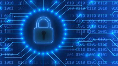 Padlock logo - abstract background in blue of 4-digit binary code Stock Illustration