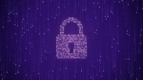 Padlock made of binary code in falling digital rain, data encryption Ilustração Stock