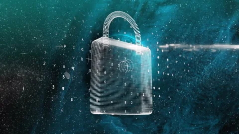 Padlock materializing, glow intensifying, code streaming upward, beam slicing, Stock Footage 312407337