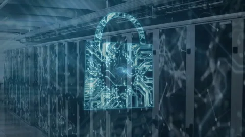 Padlock materializing triggers nodes drifting and circuit forming to secure data Stock Footage 311522663