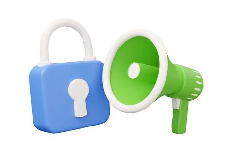 Padlock megaphone speaker 3d render illustration in minimal cartoon style i.. Stock Illustration