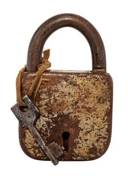 Padlock old padlock with a key on a white background. Isolate of a rusty lo.. Stock Photos