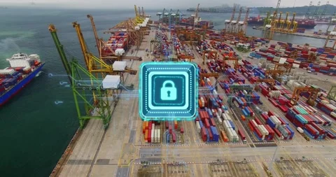 Padlock overlay activating over port pulsing circuits linking cranes stacks Stock Footage 334182613