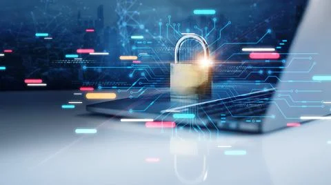 Padlock of personal data security, Laptop with padlock and data security 스톡 사진