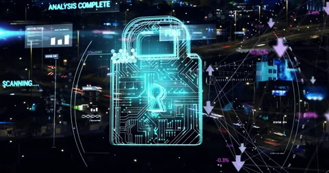 Padlock pulsing and scanning hex clusters over highways, activating digital Stock Footage 310325952