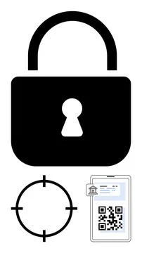 Padlock representing security, smartphone displaying scannable QR code, and t Stock Illustration
