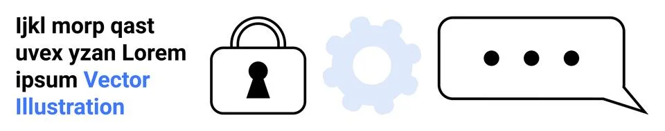 Padlock represents security, gear symbolizes settings, and speech bubble sign Illustrazione stock